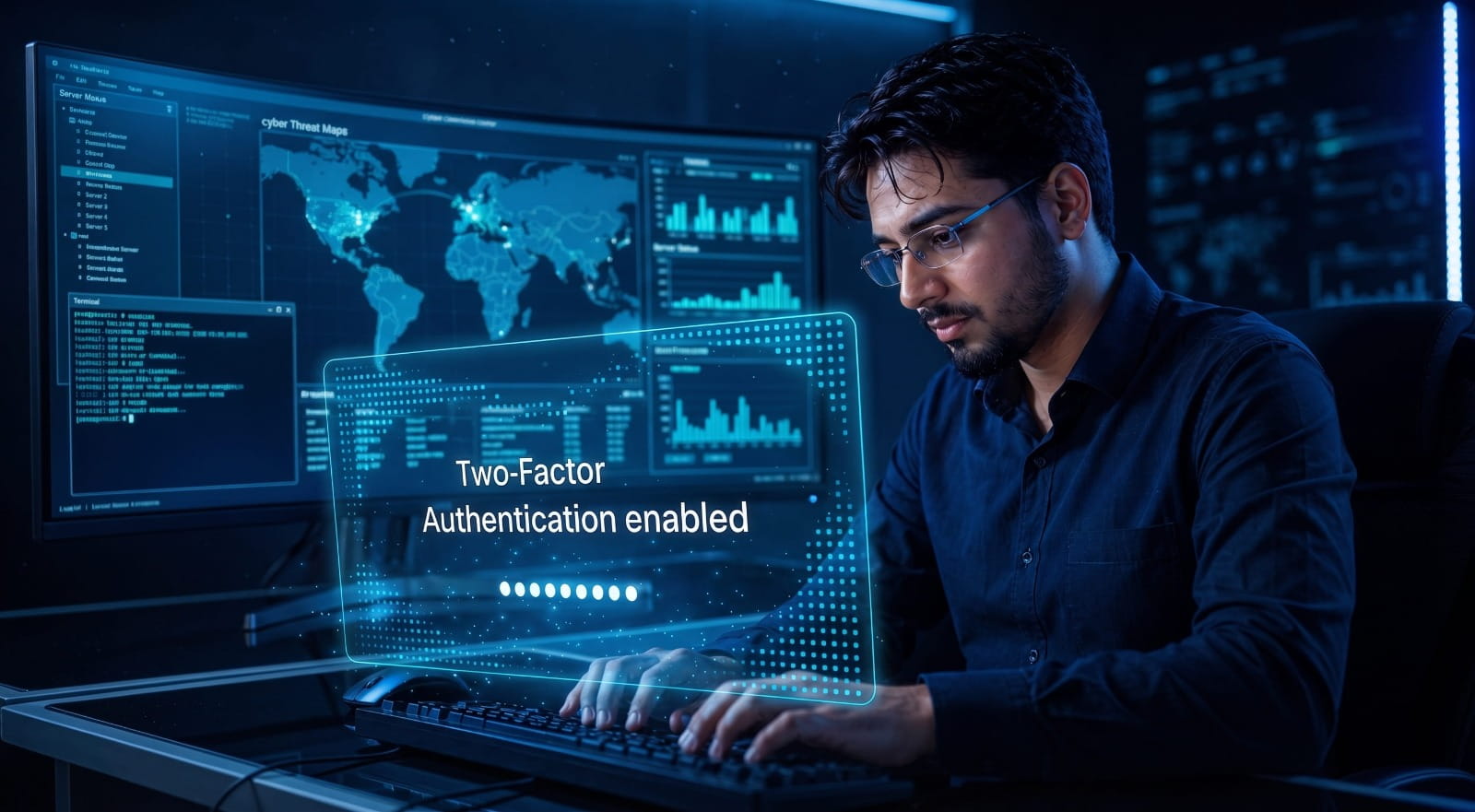 Syed Farhan Ahmed at work, reviewing security dashboards at his workstation