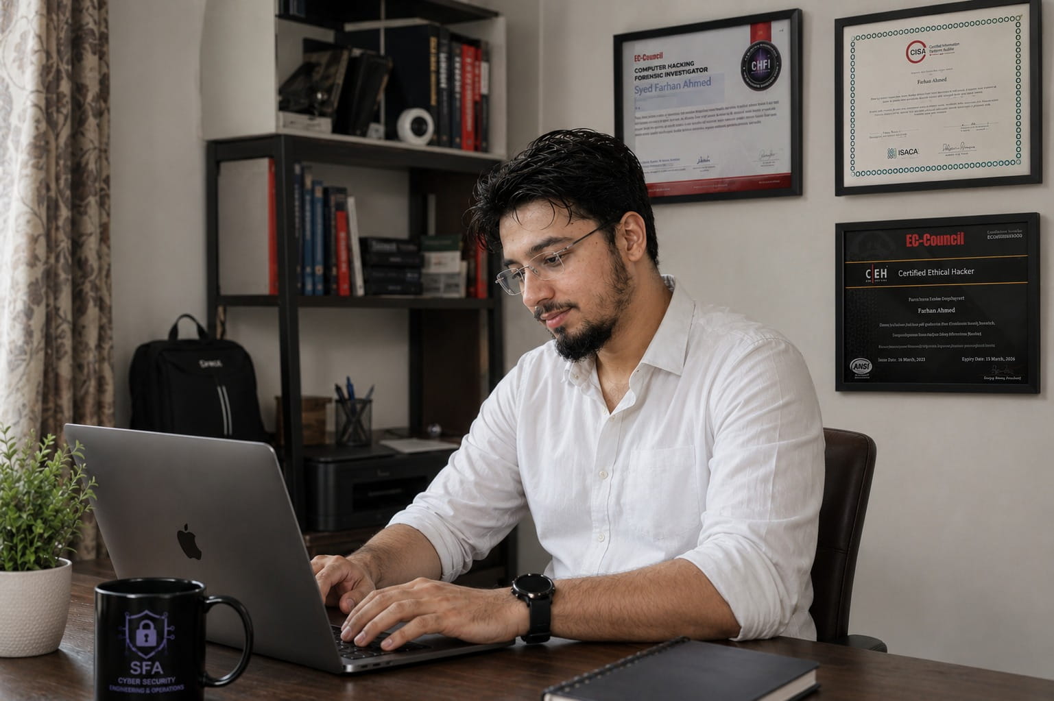 Syed Farhan Ahmed at work, reviewing security dashboards at his workstation